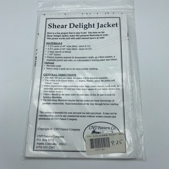 Vintage CNT Pattern Shear Delight Jacket Sewing Pattern Women’s 8–22 1990s Uncut - Picture 4 of 6